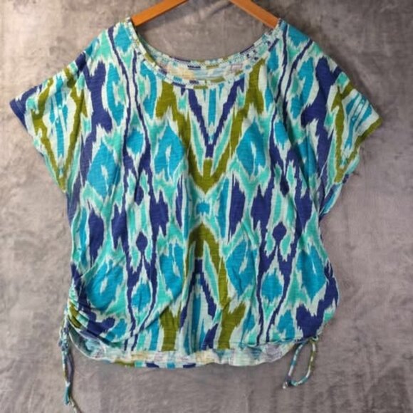 Lane Bryant Ikat Green & Blue Print Cotton Top Drawstring Hem 18/20 100% Cotton - Picture 1 of 10